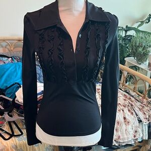 Guess Black Ruffle-Front Button Down Top